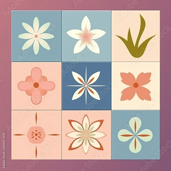Fototapeta A five by five grid of icons of flowers. Pastel colors. Simple design. Clipart. Vector art. generative ai