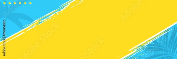 Fototapeta yellow and blue abstract grunge banner design with illustration of palm leaf and coconut tree. banner design for summer activities and promotions
