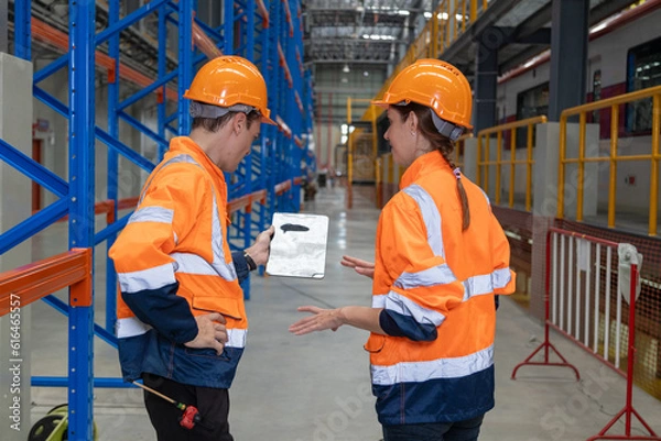 Fototapeta Two engineers check the spare parts list from drawing, tablet and maintenance of public transport trains in Asia