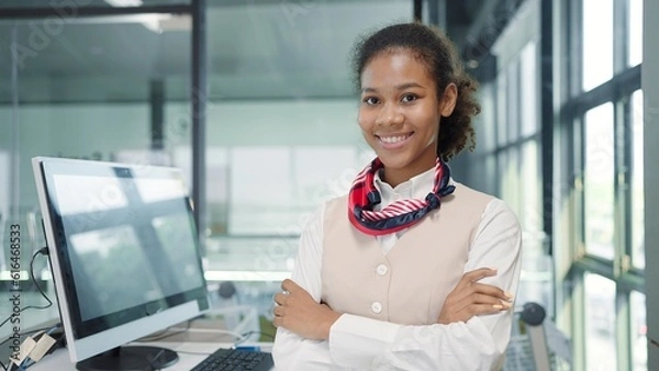 Obraz Close up smiling face of young american african women flight attendant on the ground office a service standing with arms crossed looking at camera