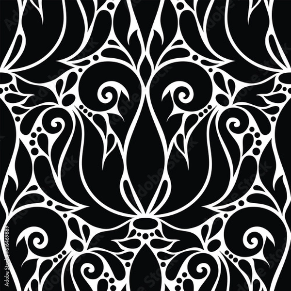 Fototapeta Floral Vintage Seamless Pattern in Paisley Style. Decorative Composition with Natural Motifs. Abstract Ornate Art. Complex Ornament. Vector Contour Illustration
