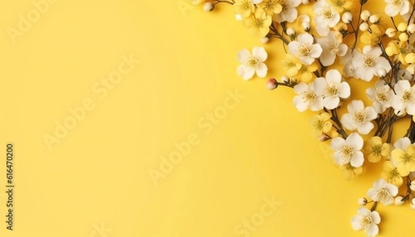 Fototapeta Generative AI illustration of many small beautiful yellow flower blossoms on yellow pastel background with copy space