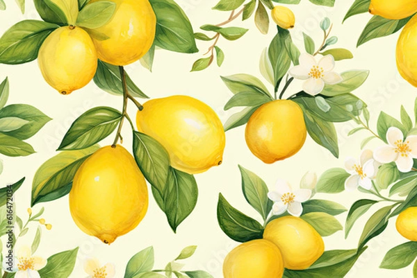 Fototapeta Watercolor Illustration of Lemons with Floral. Generative AI.