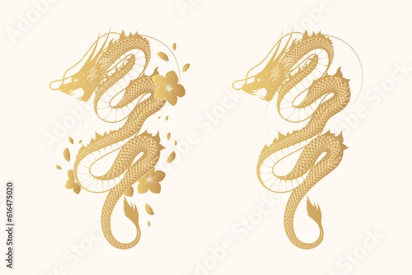 Obraz Golden mythology dragon with flowers and brushstroke. Japanese hand drawn vector illustration isolated on white background  for greeting card and poster.