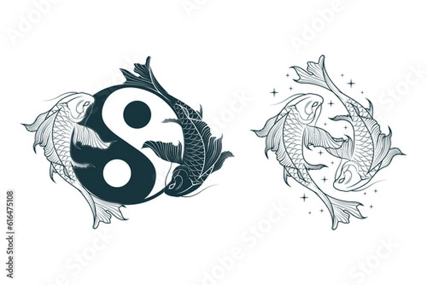Fototapeta Yin yang koi fish,  symbol of harmony and balance. Japanese art for t-shirts, tattoos, prints and stickers. Hand drawn vector illustration isolated on white background.