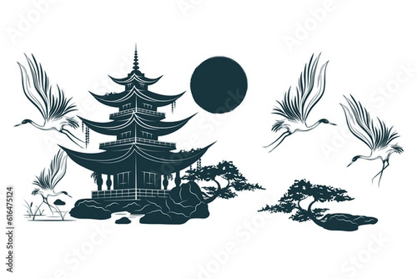 Obraz Temple, crane and bonsai tree under the sun. Japanese art for t-shirt, tattoo, print and stickers. Hand drawn vector illustration isolated on white background.