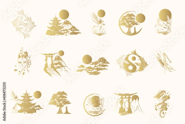 Fototapeta Golden japanese art collection. Set of 15 design elements for t-shirt, print and stickers. Hand drawn vector illustrations isolated on white background