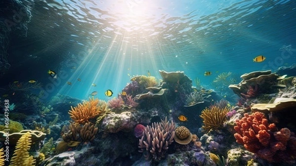 Fototapeta Underwater Scene With Coral Reef Underwater Blue Tropical Seabed With Reef And Sunbeam