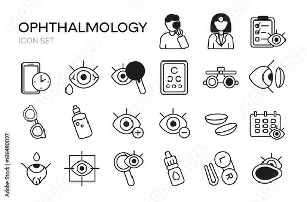 Fototapeta Ophthalmology line icons set. Vision test, choice of glasses, flat icons collection for laser vision correction. Oculist consultation. Vector illustration