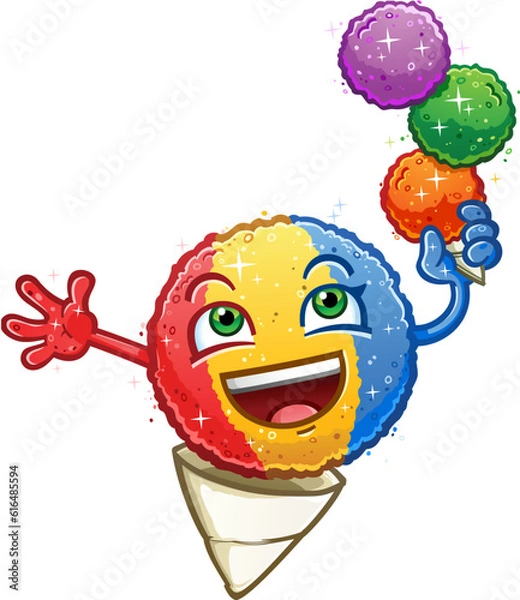 Obraz snow cone cartoon character a refreshing rainbow sweet frozen treat balancing three scoops of orange lime and grape shaved ice on a hot summer day 