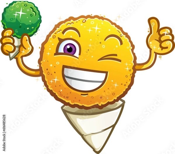 Obraz Lemon flavored shaved ice snow cone giving an enthusiastic thumbs up and a cute wink and a toothy smile on a warm summer day