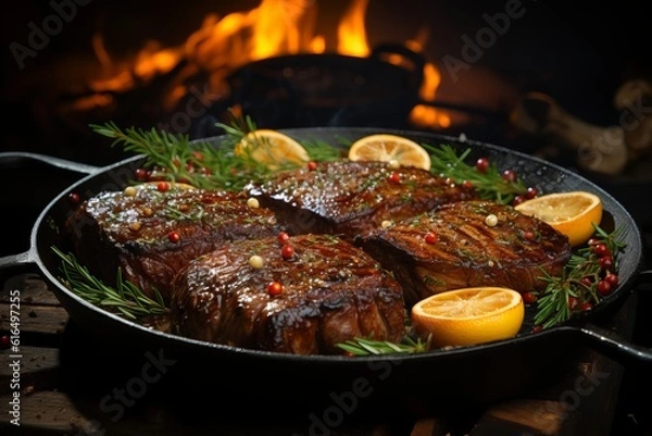 Obraz Illustration of four sizzling steaks with lemon and rosemary in a skillet created with Generative AI technology