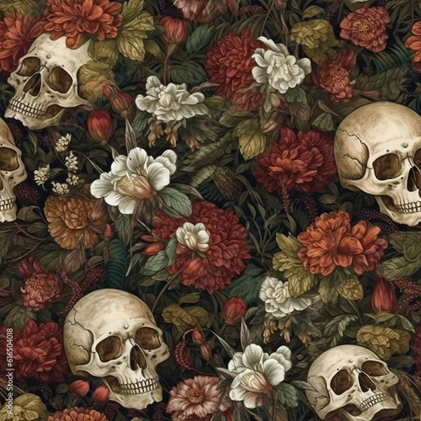 Fototapeta Skulls and flowers seamless repeat pattern