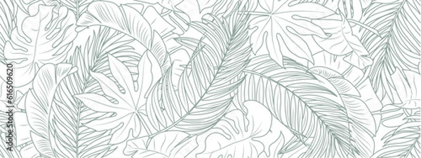 Fototapeta Tropical leaf line art wallpaper background vector. Design of natural monstera leaves and banana leaves in a minimalist linear outline style. Design for fabric, print, cover, banner, decoration.