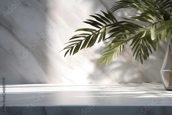 Obraz Modern minimal empty white marble stone counter table top, in sunlight, palm foliage leaf shadow on concrete wall background. 3d rendering. Generative AI