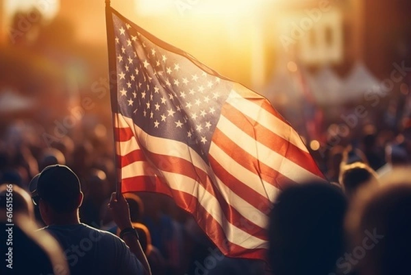 Fototapeta Back view Image of crowd with American flags on fourth of july, Generative ai