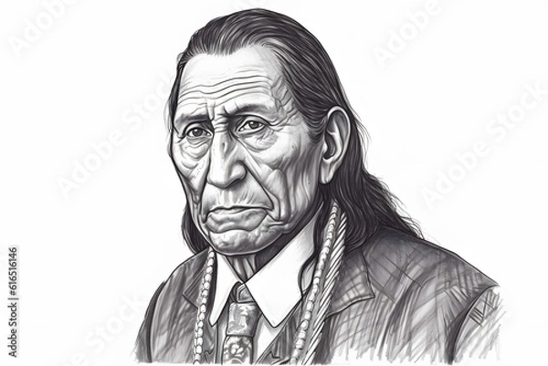 Fototapeta A determined and focused Native American businessman, with a strong gaze and a sense of resilience. Hand drawn pencil illustration. Generative AI