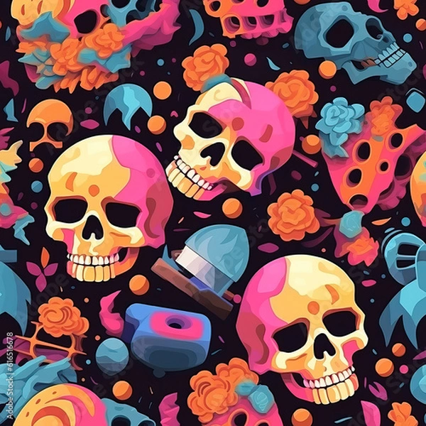 Fototapeta 3d Skulls seamless repeat trendy modern colorful pattern