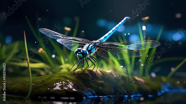 Fototapeta A beautiful dragonfly sits near the water, front view.
