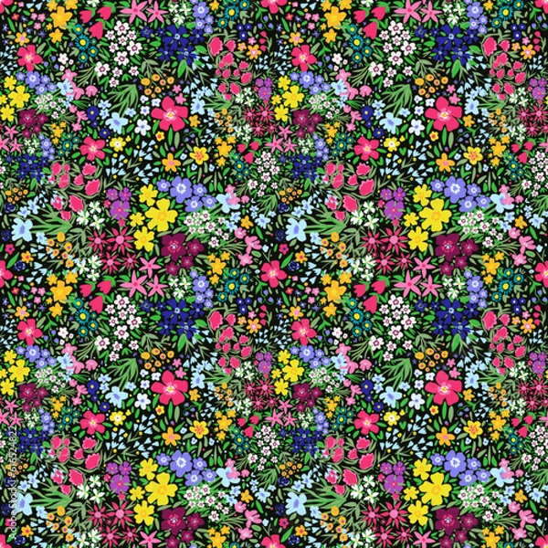 Fototapeta Multicolor trendy seamless botanical textile print. Floral botanical fabric pattern of small assorted flowers, ditsy style, hand drawn, vector