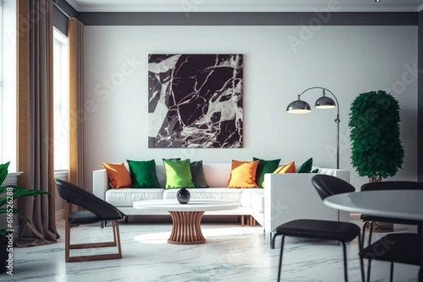 Fototapeta View inside large modern luxury attic loft apartment living room interior with comfortable sofa, plants, wooden furniture, Abstract painting on white wall Created with Generative AI Tools