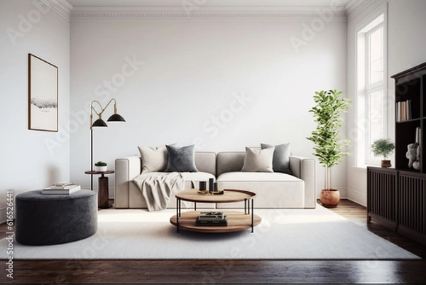 Fototapeta View inside large modern luxury attic loft apartment living room interior with comfortable sofa, plants, wooden furniture, Abstract painting on white wall Created with Generative AI Tools