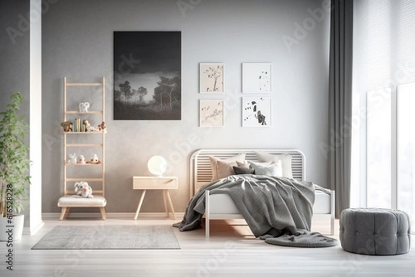 Fototapeta Luxury master bedroom interior with a big large comfortable bed, modern light bedroom with wooden furniture, elegant room interior, stylish bedroom at a residence Created with Generative AI Tools