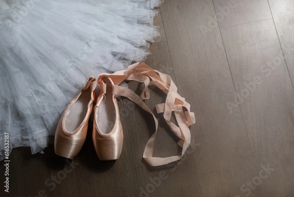 Obraz Ballet beige pointe shoes with a ribbon on the tutu skirt. Ballerina set. The concept of dance, spring, ballet school, ballerinas clothes and things.
