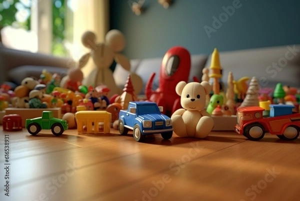Fototapeta Set of different cute toys on wooden table in children's room, Generative ai