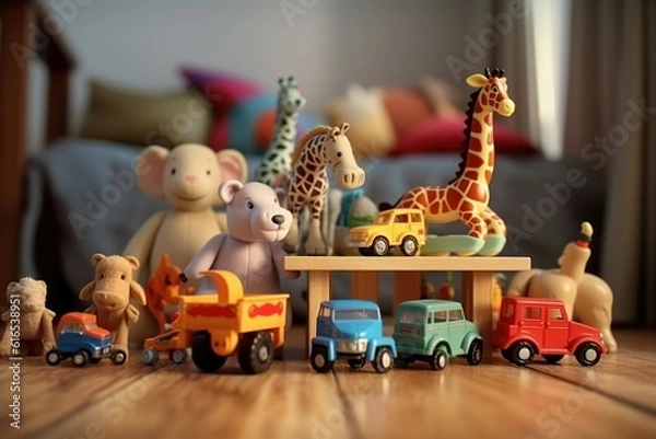 Obraz Set of different cute toys on wooden table in children's room, Generative ai