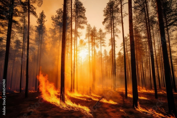 Fototapeta A dramatic forest illuminated by a vibrant sunset, with the warm hues of red and orange transforming the woodland into a fiery spectacle in breathtaking 8k detail