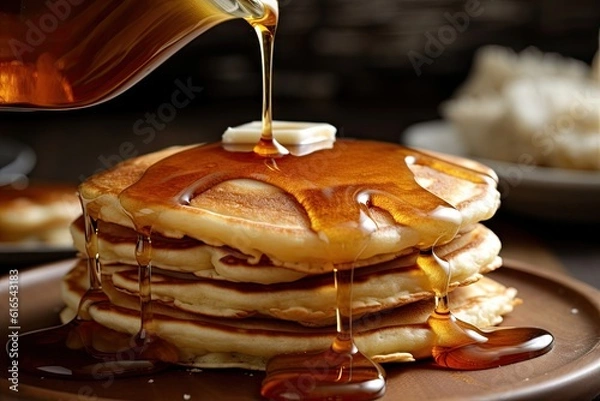 Obraz A stack of pancakes with syrup being poured on top