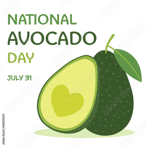 Obraz National Avocado Day. Banner, poster or greeting card with whole fruit and a half with a heart-shaped core. Vector illustration.