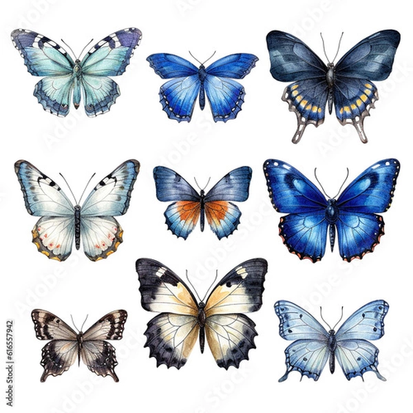 Obraz collection of real butterflies like Peacock butterfly brimstone in watercolor design isolated against transparent background
