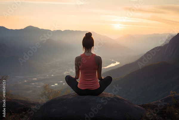 Fototapeta Serene Sunrise Yoga on a Mountain - Generative AI