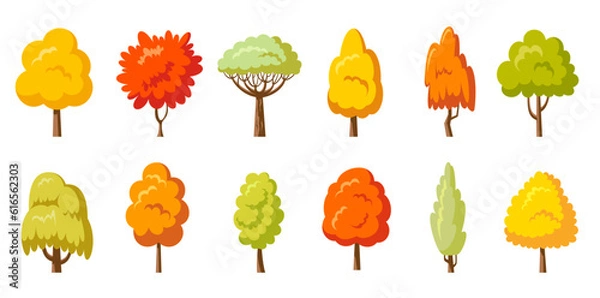 Fototapeta Autumn park tree set. Fall yellow plants side view. Arboretum willow oak poplar birch. Cartoon different orange forest trees. Botanical natural garden maple aspen alder ash linden acacia chestnut elm