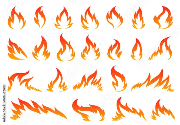 Fototapeta Hot temperature comic dangerous flame fires. Cartoon fire flames. Red campfire fiery icon set. Burning blazing wildfire, bonfires isolated on white background. Silhouette sign for stencil, stamp