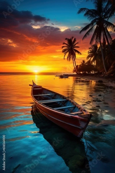 Fototapeta Insane Seascape. A Wooden Ship. Shot from an Island, Sunset and Palms, Exotic and Tropical Vibes.