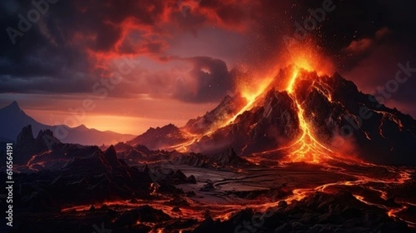 Obraz a volcano erupting with lava coming out of the mountains