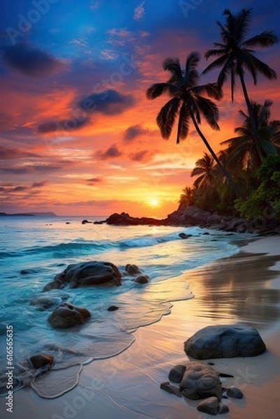 Fototapeta Insane Seascape. Shot from an Island, Sunset and Palms, Exotic and Tropical Vibes.