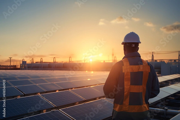 Fototapeta Renewable Energy Engineer Observing a Solar Park at Sunrise - Generative AI