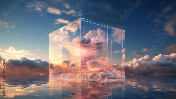 Obraz cloud in glass cube cloudscape, digital metaverse infrastructure. Generative AI