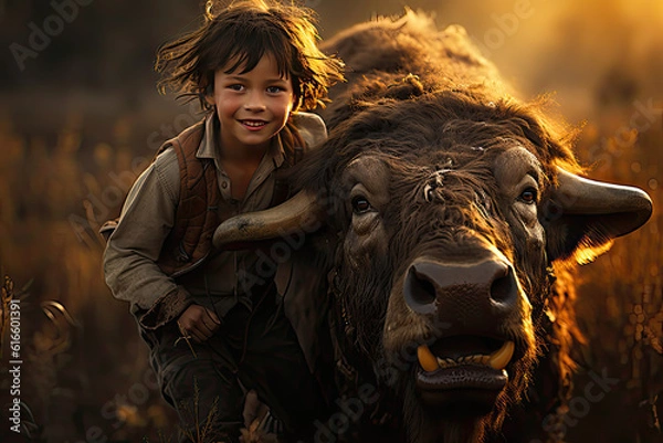 Obraz Buffalo herd boy, Generative AI