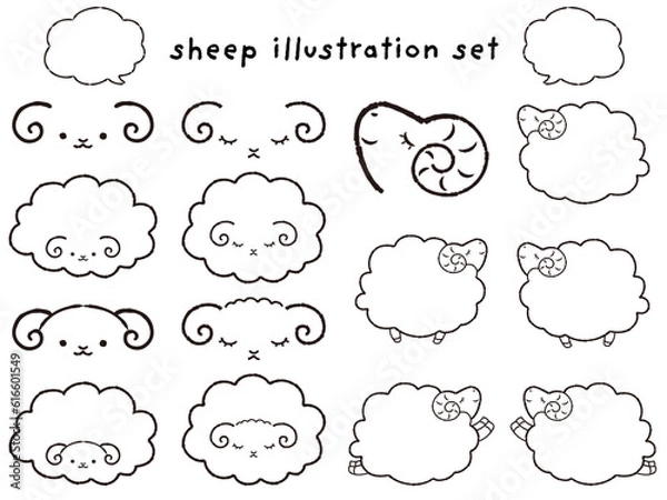 Obraz シンプルでかわいいモコモコの羊と吹き出しのイラストセット（白黒線画）