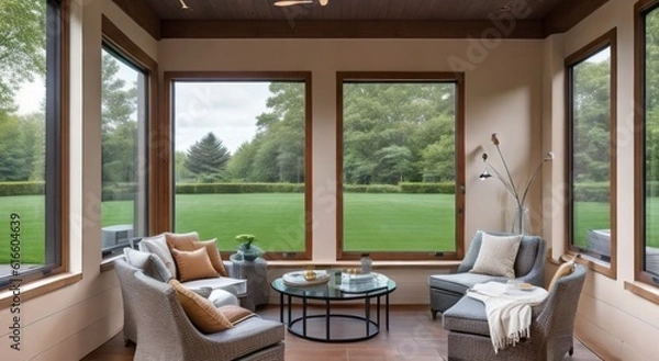 Obraz Wide Angle Shot of Modern House Sunroom Living Area with Mid-Century Minimalistic Interior Design and Open Concept Layout . High Ceiling and High Glass Windows.
