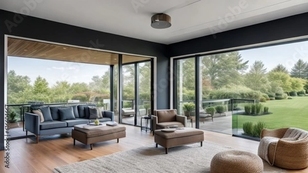 Obraz Wide Angle Shot of Modern House Sunroom Living Area with Mid-Century Minimalistic Interior Design and Open Concept Layout . High Ceiling and High Glass Windows.