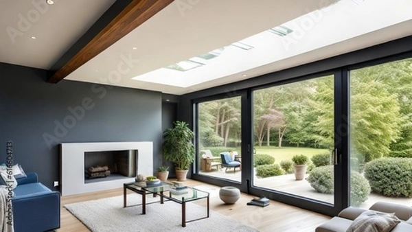 Obraz Wide Angle Shot of Modern House Sunroom Living Area with Mid-Century Minimalistic Interior Design and Open Concept Layout . High Ceiling and High Glass Windows.