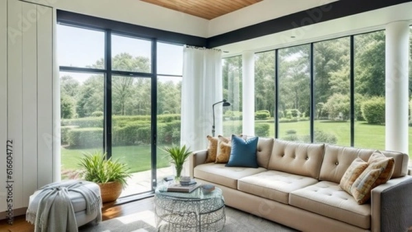 Obraz Wide Angle Shot of Modern House Sunroom Living Area with Mid-Century Minimalistic Interior Design and Open Concept Layout . High Ceiling and High Glass Windows.