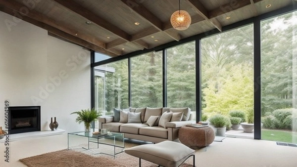 Obraz Wide Angle Shot of Modern House Sunroom Living Area with Mid-Century Minimalistic Interior Design and Open Concept Layout . High Ceiling and High Glass Windows.