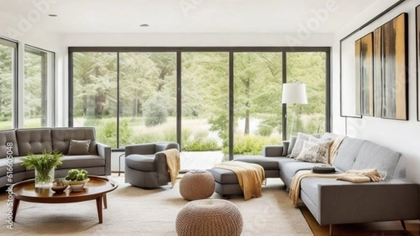 Obraz Wide Angle Shot of Modern House Sunroom Living Area with Mid-Century Minimalistic Interior Design and Open Concept Layout . High Ceiling and High Glass Windows.